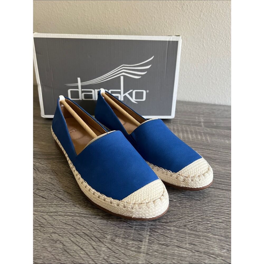 New Dansko Espadrille Slip On Flats Blue Leather Comfort Shoes Women’s 36